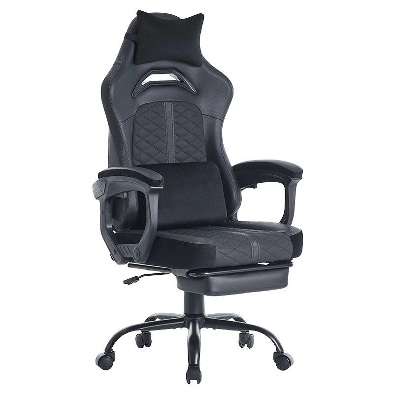 Zwart verstelbare lederen ergonomische computerchaise gaming liggende lendensteun gamingstoel met voetsteun (T-7138)